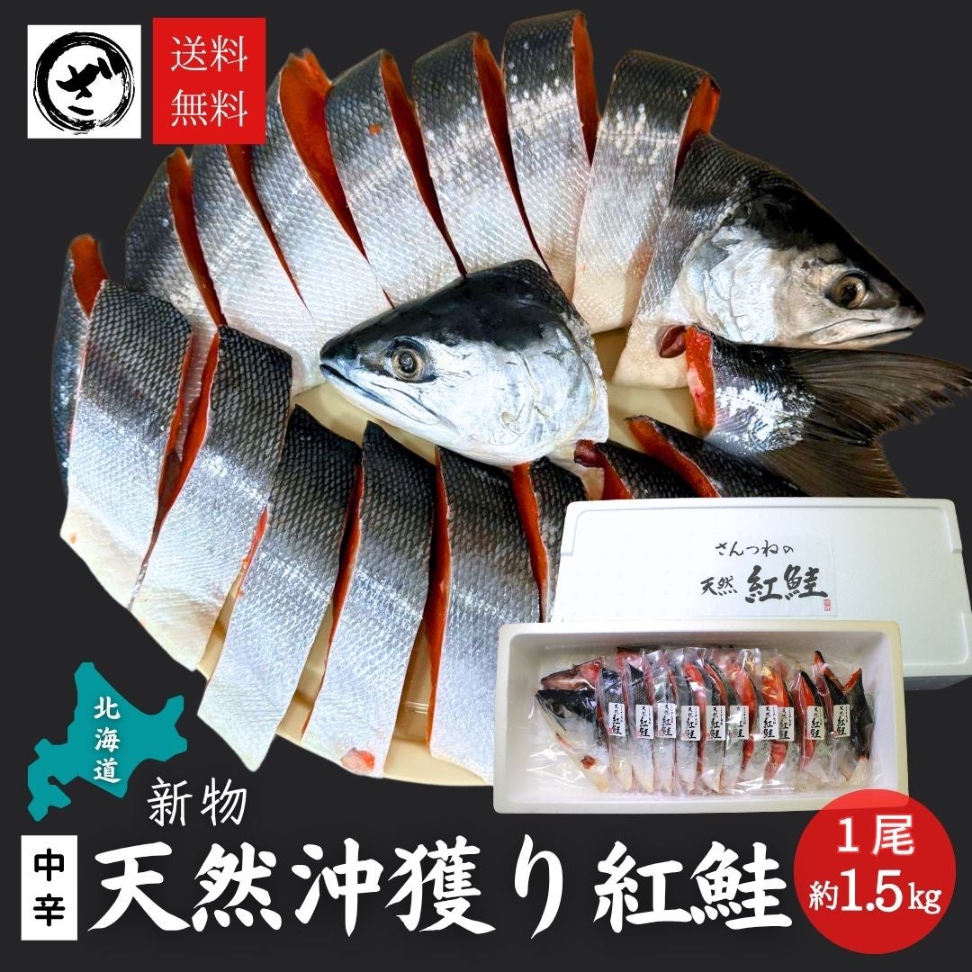 北海道産 沖獲り天然紅鮭 一尾（約1.5kg） 新物 本チャン 塩鮭 新巻鮭